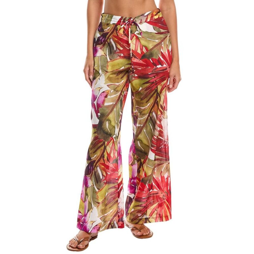 Natori Tropical Leaf Print Wide-Leg Swim Coverup Pants in Red, Green, Pink